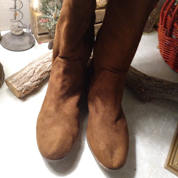 Time and Tru Zipper Faux Suede Tall Riding Boots 10 Brown Stretch Gore - Picture 4 of 12